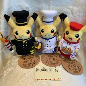 Pokemon Cafe Exclusive Pikachu Plush Set Chef, Pastry Chef, & Waitress